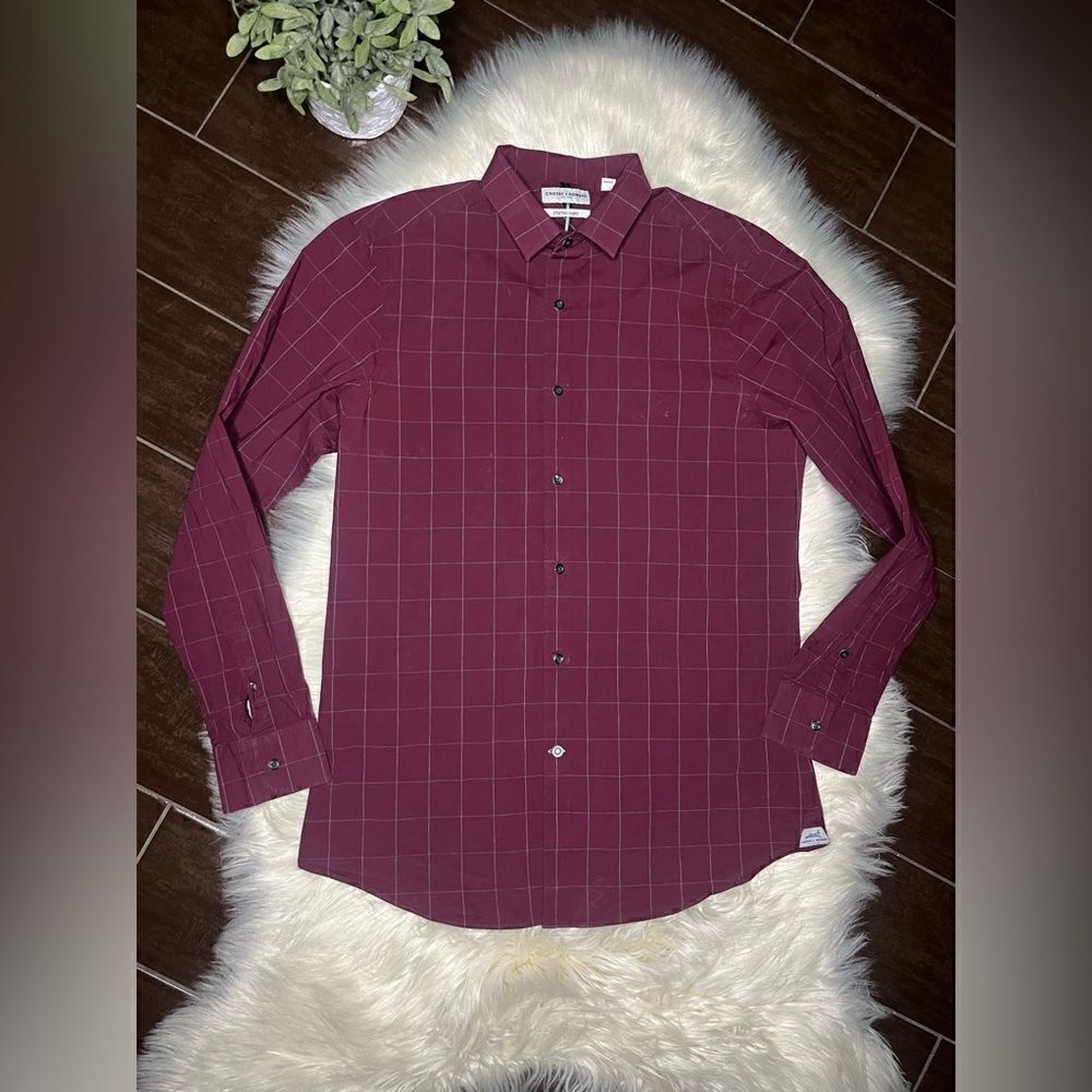 Crosby & Howard Burgundy w/grey striped stretch button down sz Large